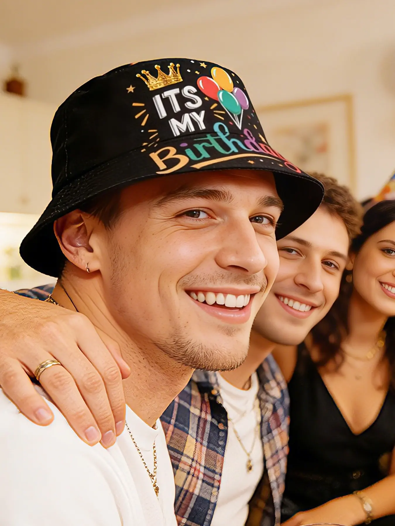 1PC colorful birthday letter pattern fisherman hat Cool Hat for men and women, featuring fashionable and casual balloon prints party bucket hat design. Suitable for birthday celebrations, photography and outdoor activities.