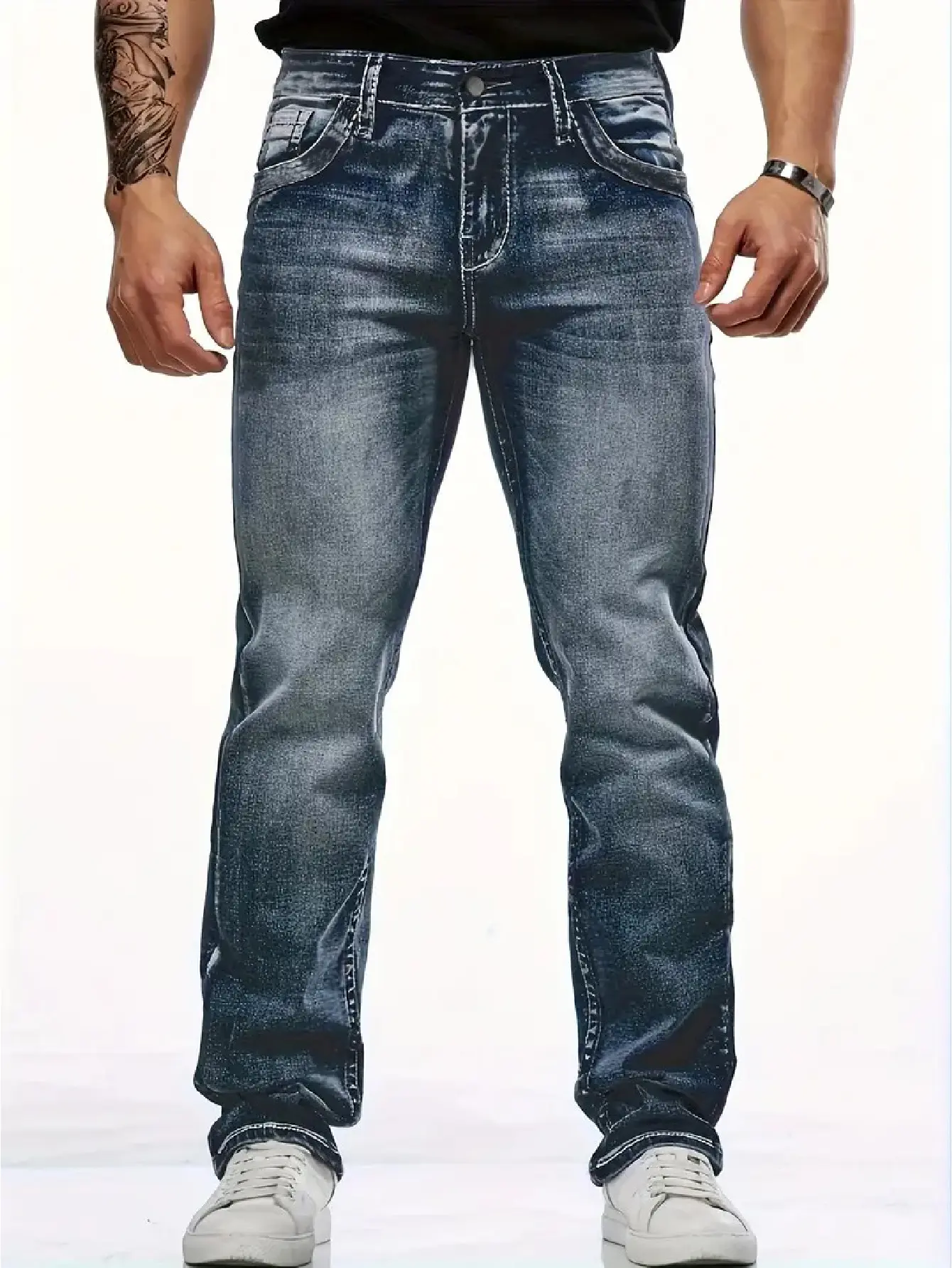 Men’s gradient “whisker wash” straight-leg stretch jeans, medium blue faded denim pants