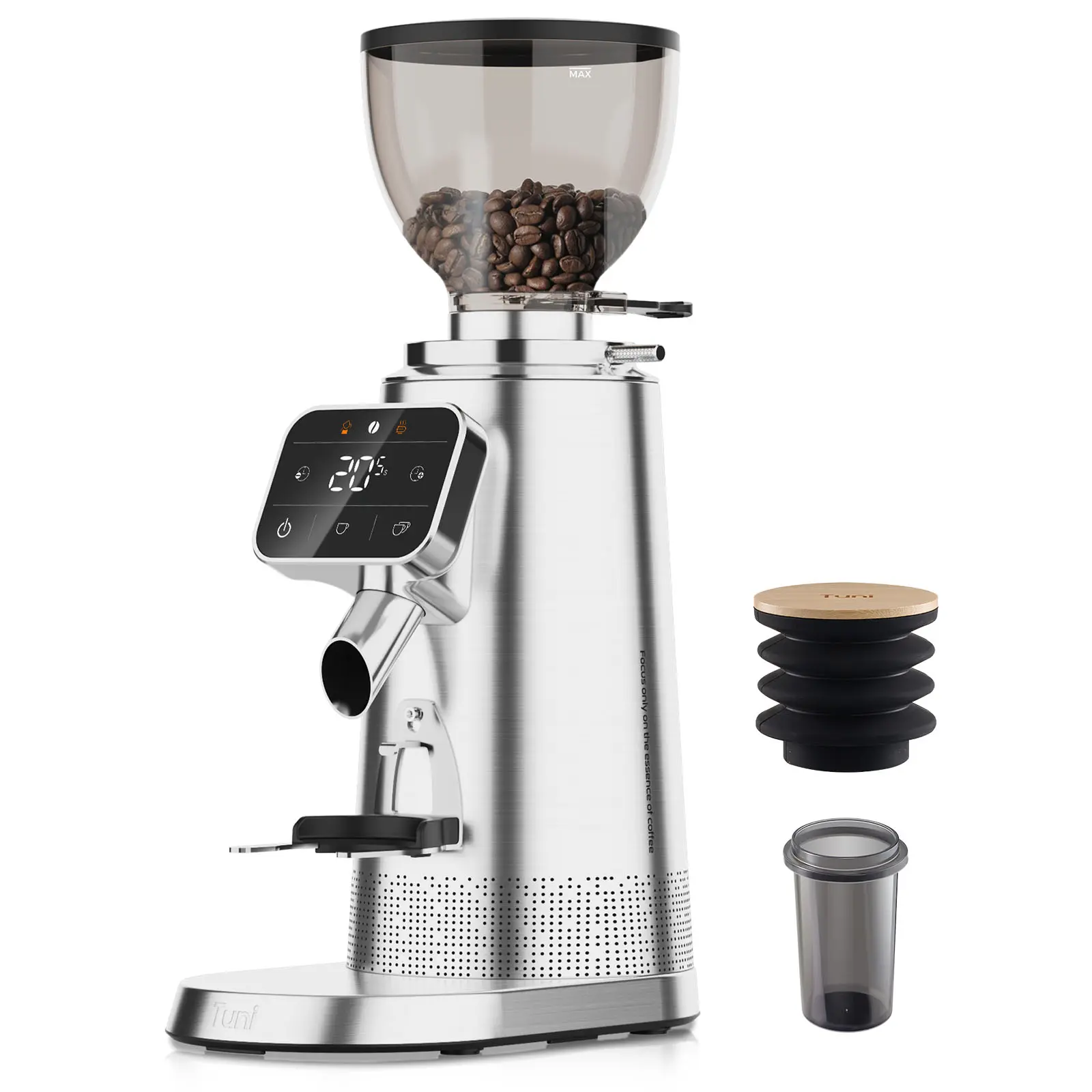 TUNI G3-Silver 64mm Flat Burr Electric Coffee Grinder - 100 Adjustable Settings, Stainless Steel Anti-Static, Timer, LED Touchscreen, 110-120V, Dual Bean Hoppers, 1.7oz Single Dose, 8.8oz Capacity, 12+Cup Daily Brewing for Espresso Pour Over