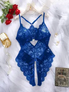 Blue Plus Size Lace Feminine Chic Lingerie Underwear Sleepwear Set, Sexy Patchwork Design, Slim Fit V Neck Nightgown & Mesh Pajamas, Perfect Gift for Valentine's Day