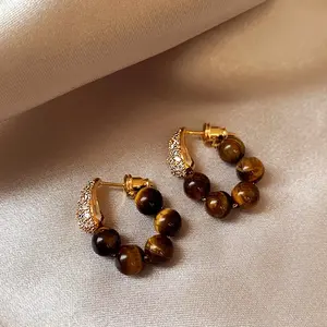 Silver Needle Micro Inlay Autumn Winter Melad Coffee Color Tiger Eye Stone Back Hanging Earrings Vintage Niche Light Luxury Earrings for Women
