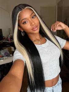 Skunk Stripe Wig Lace Front Wig Pre Plucked Ready to Wear 13×5×1 HD Glueless Synthetic Lace Frontal Wigs for Black Women 30 Inch Long Straight Black and Blonde Wigs Skunk Stripe Effortless Chic for Daily and Christmas Party