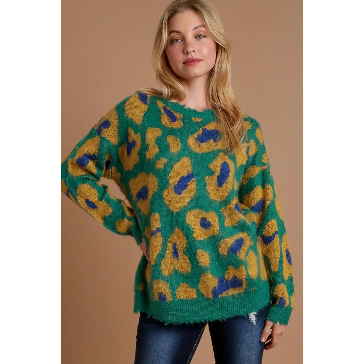Umgee Full Size Leopard Destroyed Rib Band Sweater Plus Size