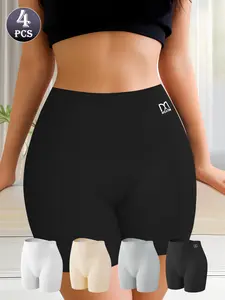 QUASTI 4 Solid Colors Ice Silk High-waisted Panties for Ladies, High Elastic Ultra-comfortable Safety Pants Shapewear Full Coverage Panties  Boyshorts Size XS-XXL