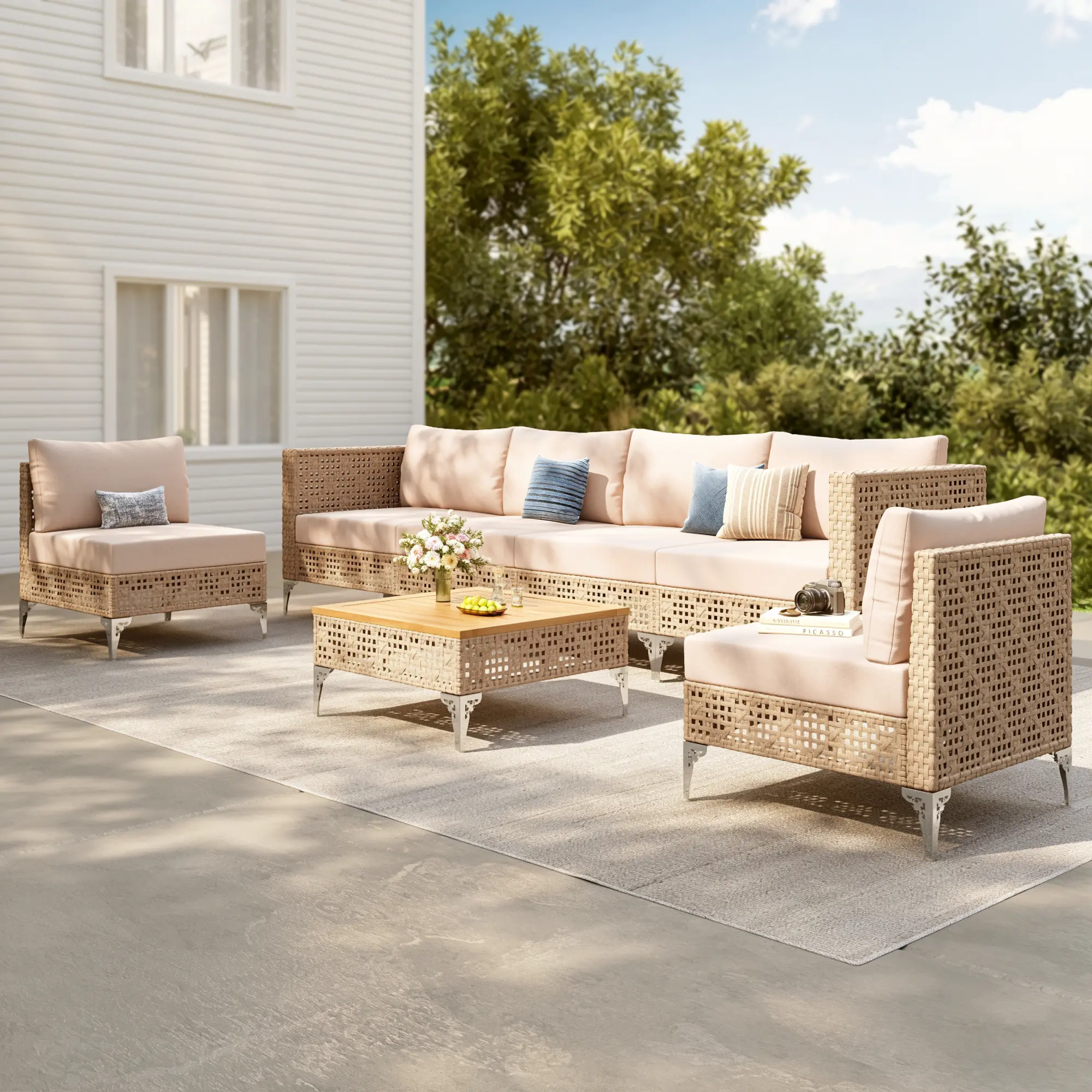 PHIVILLA Wicker Patio Furniture Set, Rattan Patio Sectional Sofa Sets, Water Resistant Boho Outdoor Conversation Set Modular Couch Sets with Coffee Table for Backyard, Porch(6 Seats, Beige Cushion)