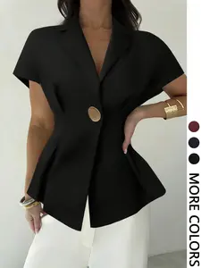 Women's Short Sleeve Business Casual Commuter Top Blouse, Waist Cinched Slimming Design, Perfect for Office Wear, Stylish and Comfortable Womenswear