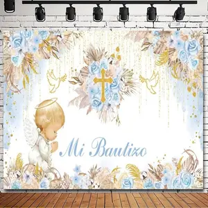 1pc 2D Flat Versatile Polyester Backdrop with Angel Print, Flower Accents, Design, Ideal for First Communion, Baptism, Ornaments, Party Decorations, Banners, Cake Tables & Photography