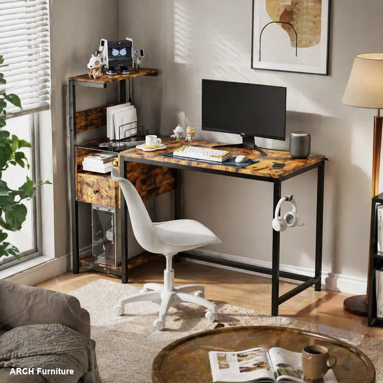 ARCH Ergonomic Computer Gaming Desk - Metal-MDF Frame, Reversible Shelves, Charge Outlets, USB Ports, Space-Saving Storage, Stable Leg Base, Durable Home Office Workstation, Brown, Ergonomic Desk, Assembly Guide