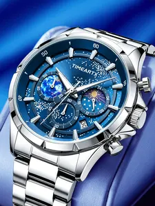 TIMEARTX Luxury Men's Watches High Quality Watches Fashion Starry Design Quartz Watch Luminous Wristwatch Business Moon Phase Casual Watch Luminous Analog Watch