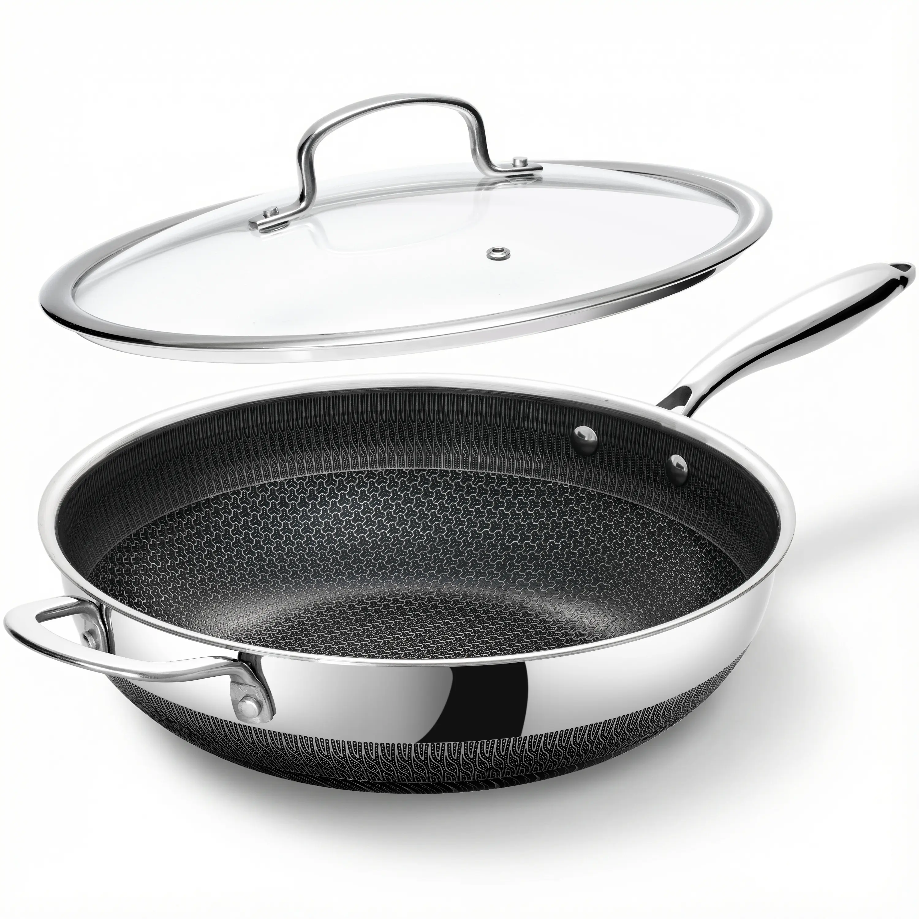 USELUCK Wok, 13 Inch Hybrid Woks & Stir-fry Pans Nonstick, Non Toxic Stainless Steel Wok Pan with Lid, Dishwasher Induction Oven Broiler Safe, PFOA Free Cookware Non Stick