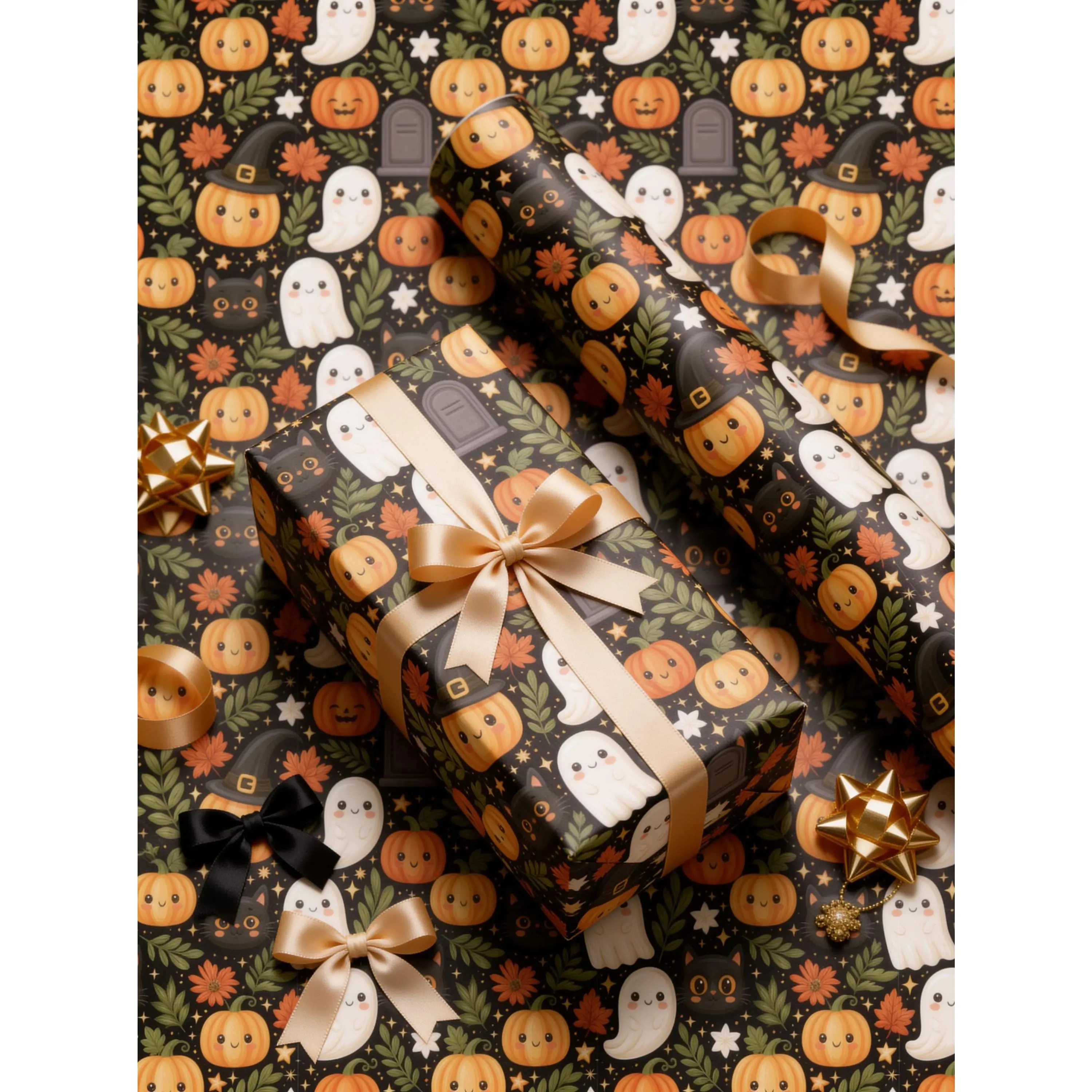 Cute Halloween Wrapping Paper, Ghost Pumpkin Gift Wrap, Black Cat Wrapping Paper, Kawaii Halloween Decor, Spooky Gift Wrap