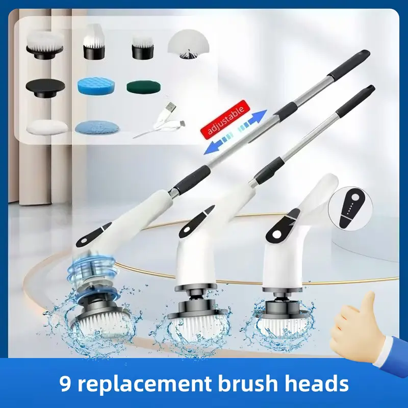 Powerful Rechargeable Scrubbing Spin Brush - Portable All-in-1 USB Rechargeable Scrubber, Handheld Cleaning Tool with 9 Replacement Brush Heads for Home, Car Deep Cleaning Powerful Cleaning Tool Power Scrubber Brushes