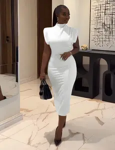 USBOUTIQUE CHIC Women's Stretchy Comfortable Mock Neck Cap Sleeve Bodycon Midi Dress Casual Everyday Curvy-Friendly