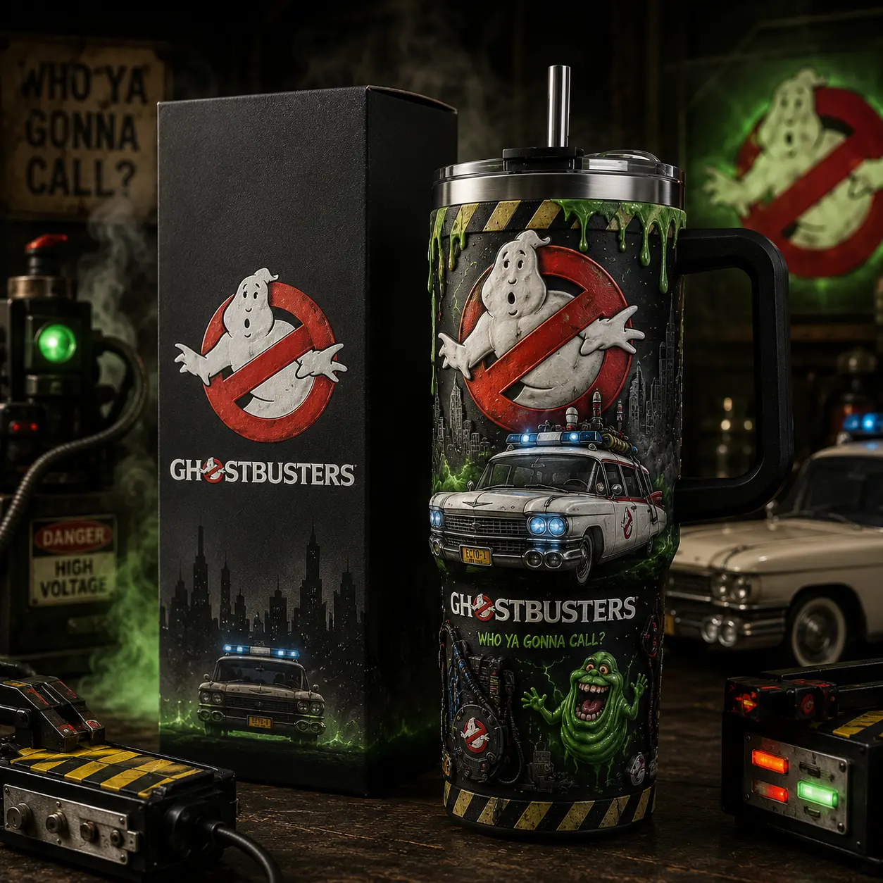 Ghostbusters Tumbler, Horror Movie Stainless Steel Travel Cup with Straw and Handle, Insulated Tumbler Cup, Halloween Drinkware, Spooky Coffee Cup, Ghost Hunting Fan Gift, Movie Lover Gift
