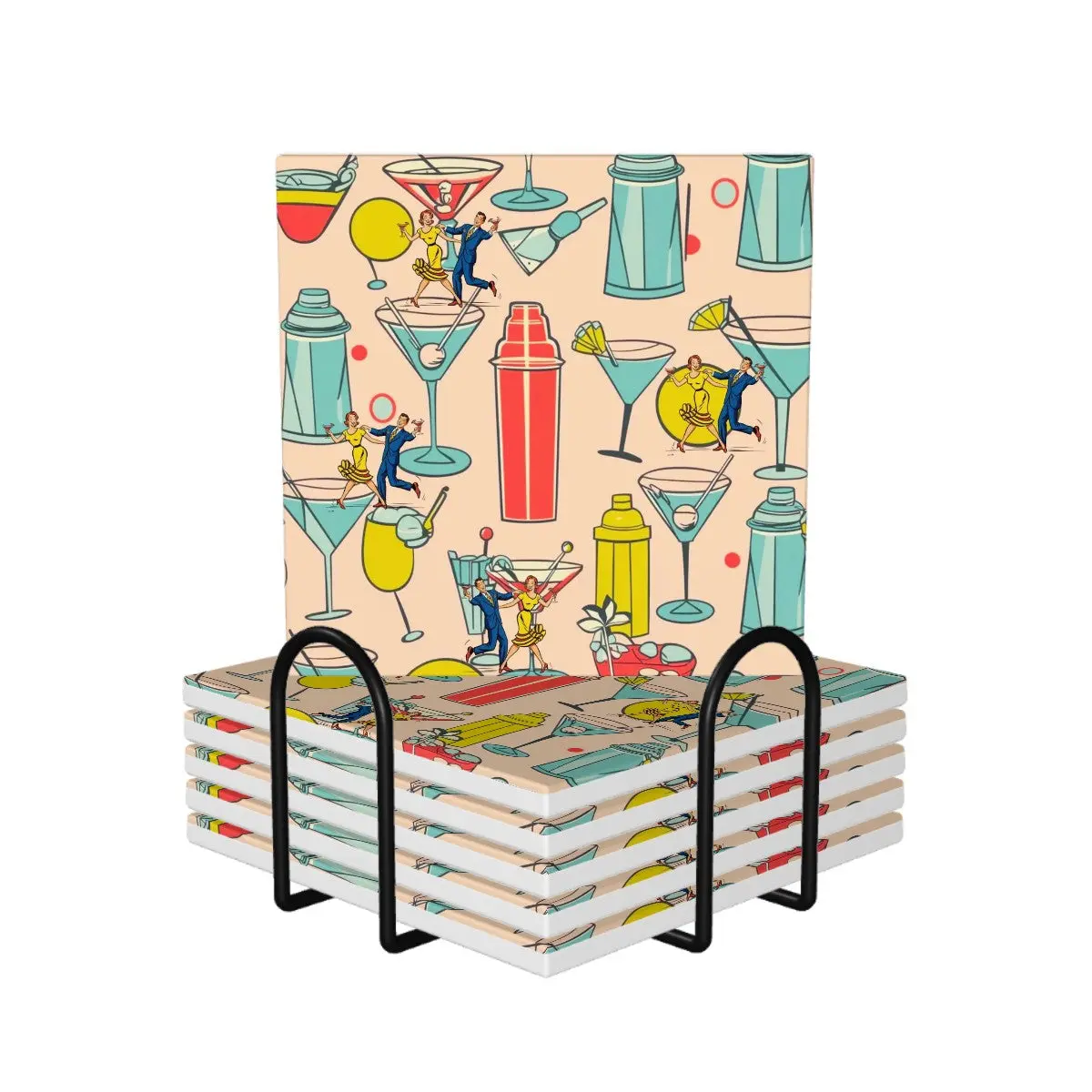 Mid Century Modern Martini Kitschy Mod Square Ceramic Coasters Set of 6