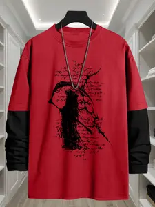 Gothic Death Geometric Graphic Pattern Loose Long Sleeve Round Neck T-Shirt, Fashion Street Casual Style, Comfortable Trendy Top Gift