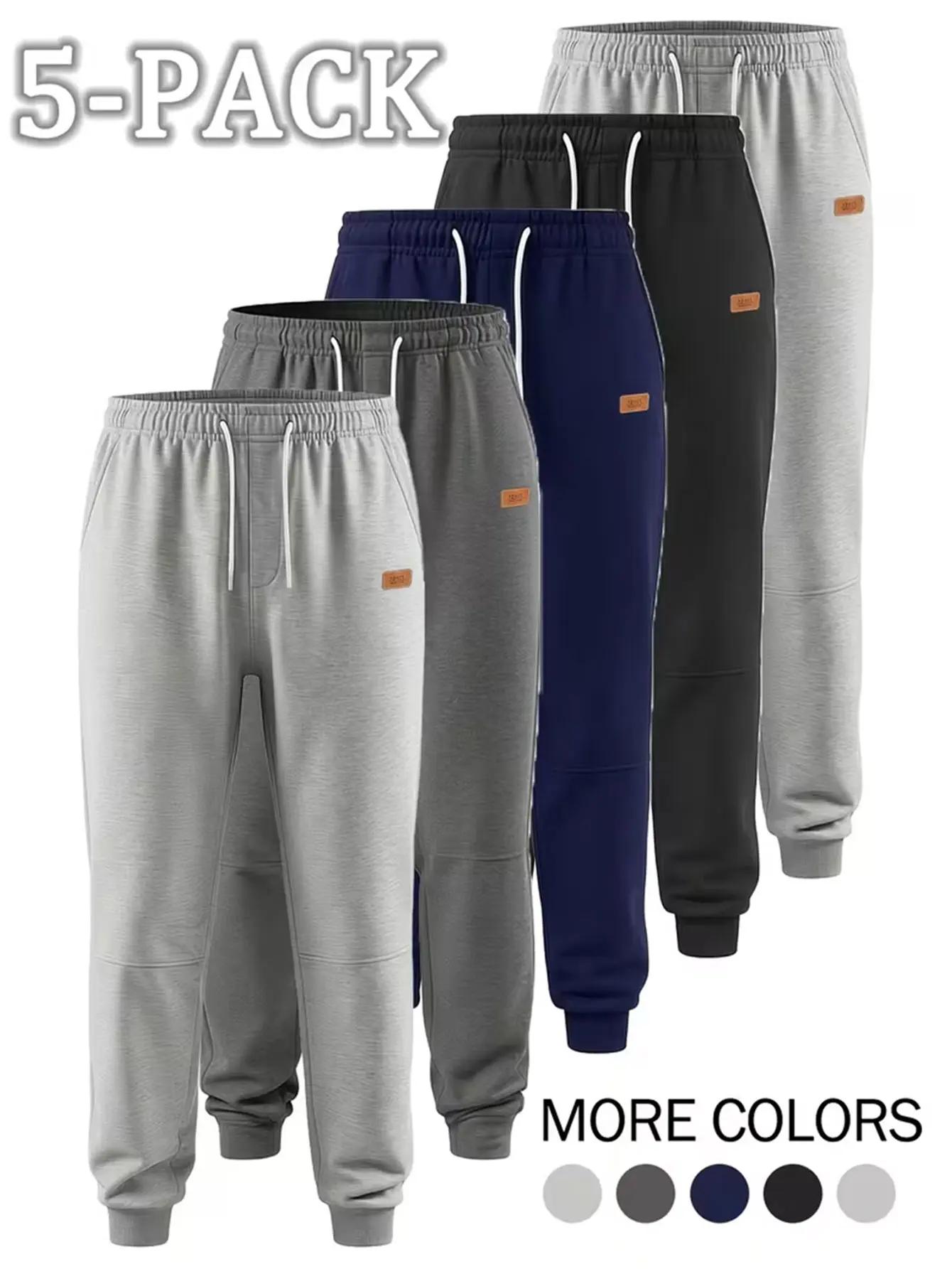5-Pack Men's Fleece Cuffed Joggers, Standard Fit Sweatpants with Drawstring and Pockets for Gym & Loungewear, 5 Pcs - 1, Mid Waist, Cuffed Hems, Basic, Solid, Casual, Elastic Waistband, Machine Washable, Polyester backtoschool