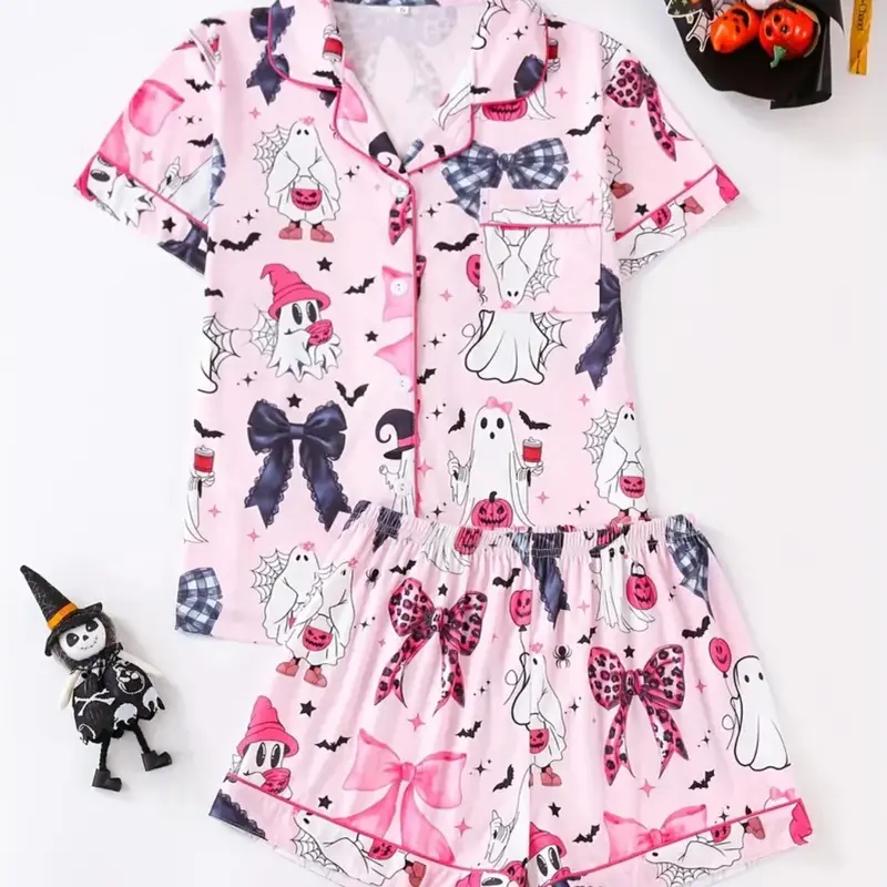 Women's Two-Piece Pajama Set, Casual Comfortable Short Sleeve Shirt with Pocket, Elastic Waist Shorts, All-Season Sleepwear, Sleepwear Outfits, Loungewear and Homewear