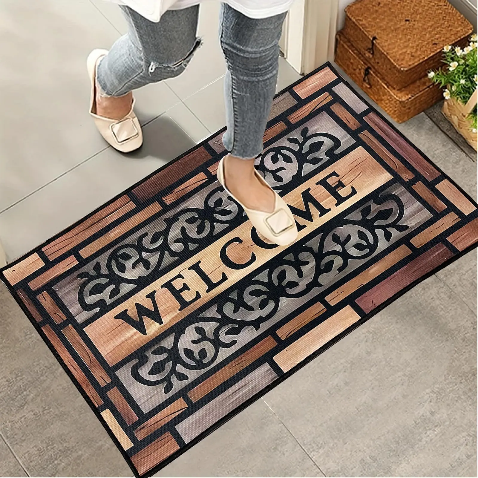Wood Tile Pattern Anti-Slip Floor Mat - 40*60cm Waterproof Moisture-Resistant Door Entrance Rug, Artistic Modern Neutral Bathroom Floor Mat for Indoor-Outdoor Kitchen Use, Household Decor Anti-Slip Pad, Bathroom Floor Mats