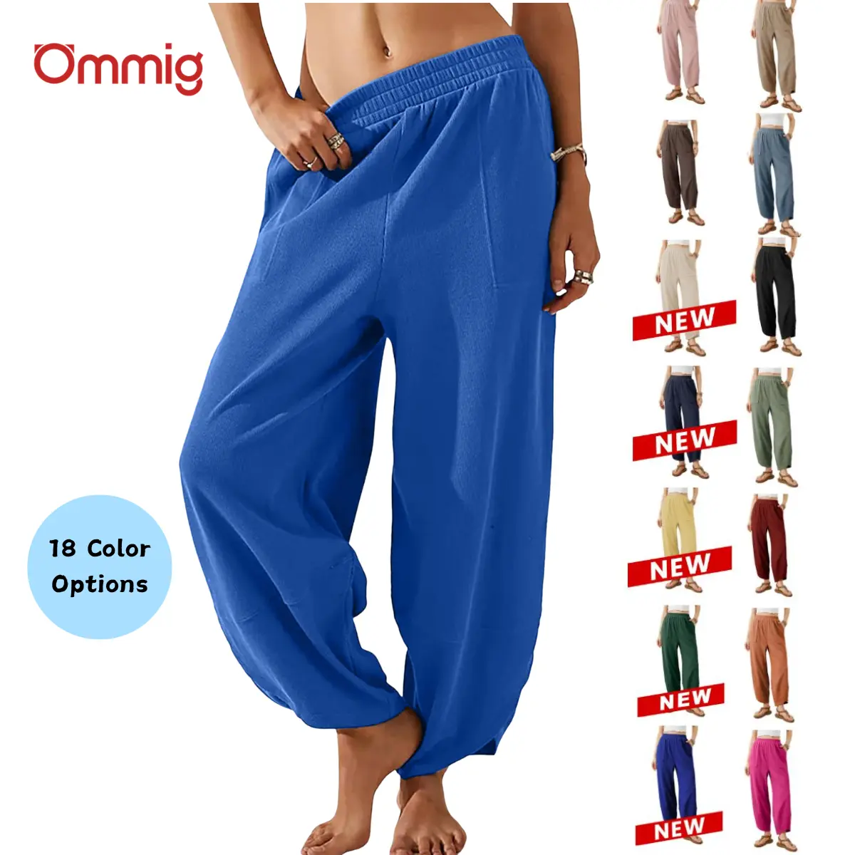Ommig Women's Baggy Wide-Leg Trousers Pants - Casual Elastic-Waisted Palazzo Harem Bottoms with Pockets, Basic Lady's Women's Clothes,back to school shopping