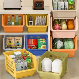 Thick Plastic Kitchen Floor Basket with Wheels, Multi-Layer Dustproof Stackable Vegetable Basket, Home Snacks Toys Storage Rack