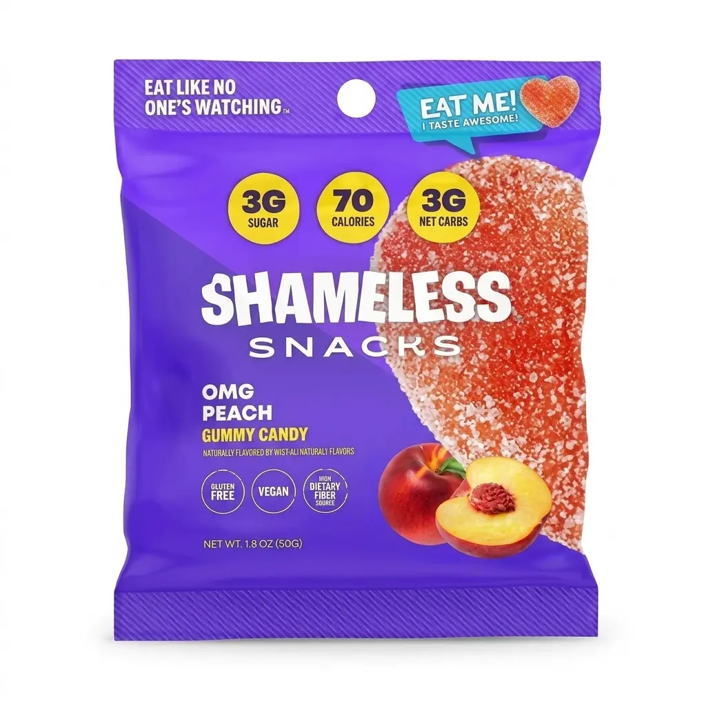 Shameless Snacks OMG Sweet Sour Peach Gummies, Keto-Friendly Low-Carb Candy, 1.8 oz Bag