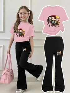 4-12 Years Old Girls Demon Slayer Q Version Two-Piece Set, Cute Short Sleeve with Cartoon Characters + Flare Pants, Casual and Fitted Design for All Seasons, Casual Outfit Set