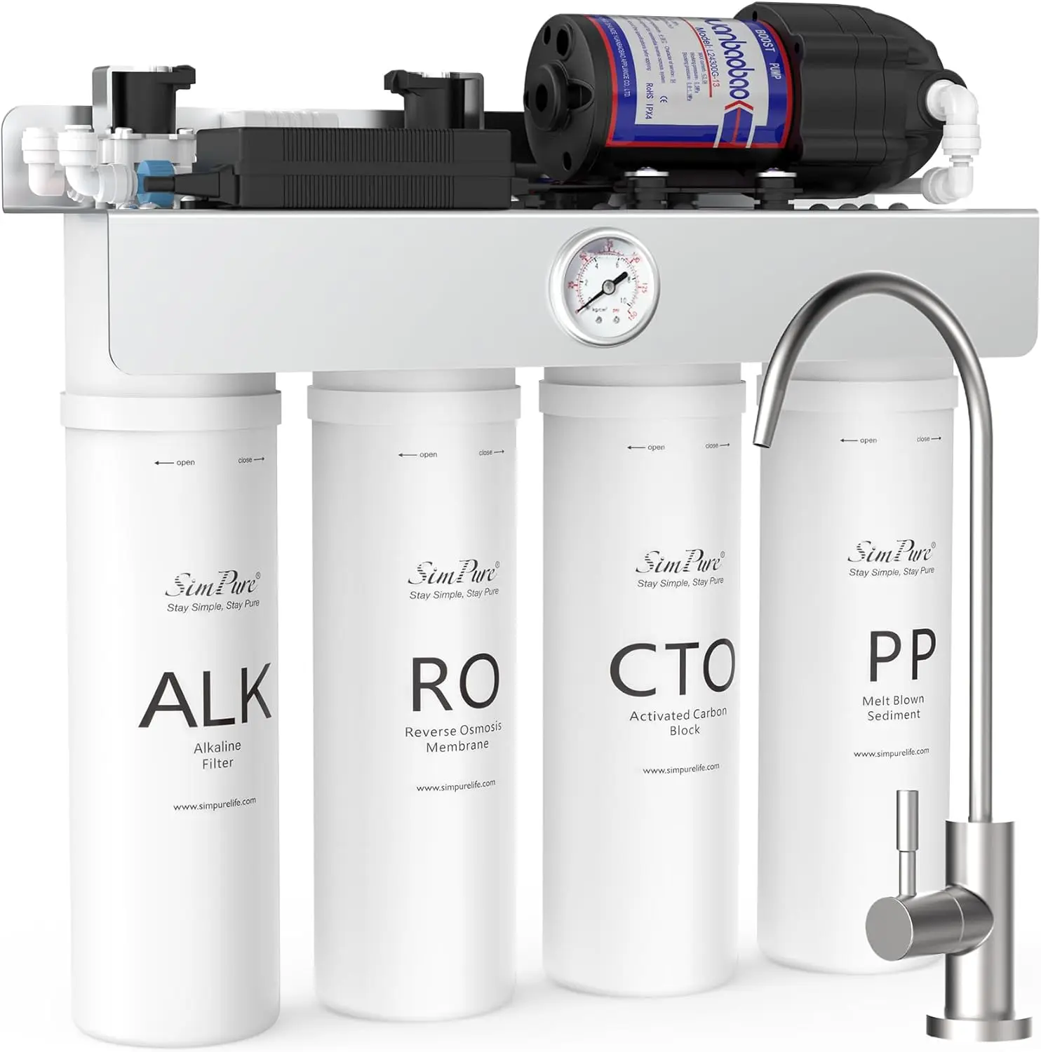 SimPure T1-400UV&ALK Tankless Reverse Osmosis System, Under Sink Home Water Filtration System with 400 GPD, Built-in Pump, UV Purification, Remineralization for Alkaline Water, Activated Carbon, 12+ Month RO Filter