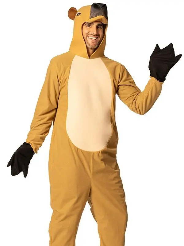Capybara Costume Outfits Beige Jumpsuit for Men Menswear Clothes with Printed Eyes and Nose Adjustable Fit One Size Fits Most Adults