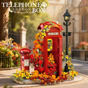1142PCS Red Vintage British Telephone Booth Creative Building Blocks Kit Sets Romantic Flower Cluster Street View Bricks Model Toys Valentine's Day Gifts