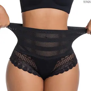 Women's High Waist Lace Trim Compression Body Shaper Girdle Panty - Breathable Mesh, Comfortable Stretchy Waist Cincher Underwear for Daily Wear & Outfit Pairing, Sexy Tummy Control