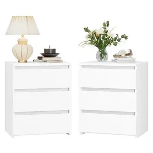 FOTOSOK Nightstand Set of 2, White Nightstand with 3 Drawers, White Bedside Table 3 Drawer Nightstand, 2 Pcs