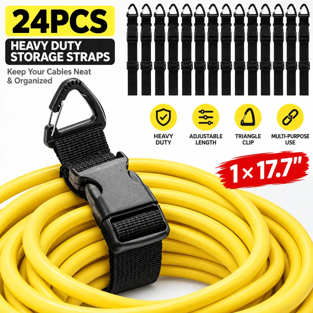 24 Pack 17 Inch Adjustable Extension Cord Holder Organizer with Triangle Clips for Garage Organization and Storage Heavy Duty Extension Cord Hanger for Men Workshop (Black) strap mount