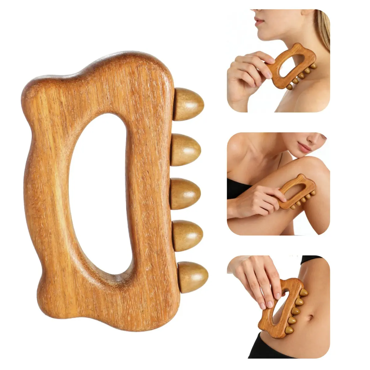 Wooden Manual Massage Tool with Five Round Massaging Balls, Relief Roller, Muscle Relaxation Acupuncture Massage, Suitable for Chest Back Legs Head Full Body, Muscle Roller Stick