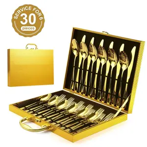 30-Piece Golden Silverware Set with Gift Box Set, Gold Flatware Set for 6, Food-Grade Stainless Steel Cutlery Set, Tableware Eating Utensils with Exquisite Wooden Box for Home Restaurant, Mirror Finished, Dishwasher Safe Metal Sturdy Kitchenware Dinner