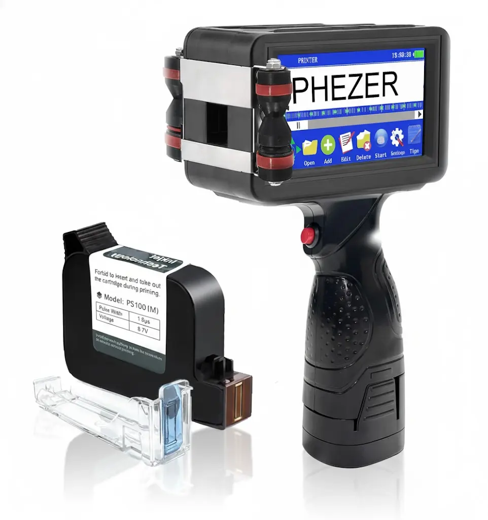 Phezer P16 Handheld Inkjet Printer Gun -Cloth Printing - Portable Date Coder with Quick-Dry Ink. 0.5 Inch/12.7mm Nozzle for QR Code, Barcode, Logo, Batch Number. Supports 25 Languages.