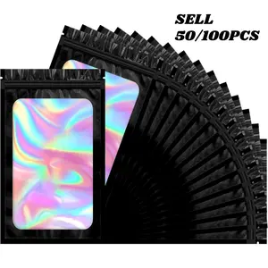 50/100PCS Black Mylar Holographic Resealable Bags,Clear Packaging Bag Odor Proof Foil Pouch Bag for Food Storage, Holographic Bags, Lipgloss, Jewelry, Resealable Bags For Small Business - 3x4.7 Inch | zipper lock, Resealable Mylar Bags