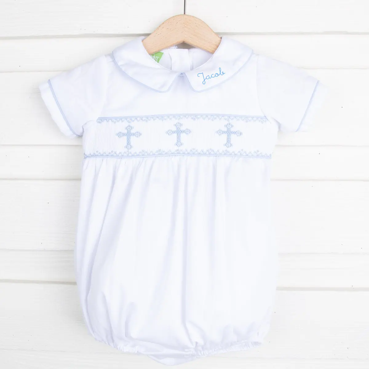 Blue Cross Smocked White Boy Bubble - Classic Boy's Easter or Baptism Outfit
