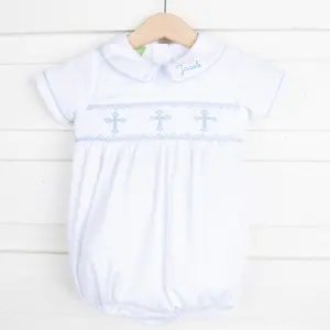 Blue Cross Smocked White Boy Bubble - Classic Boy's Easter or Baptism Outfit