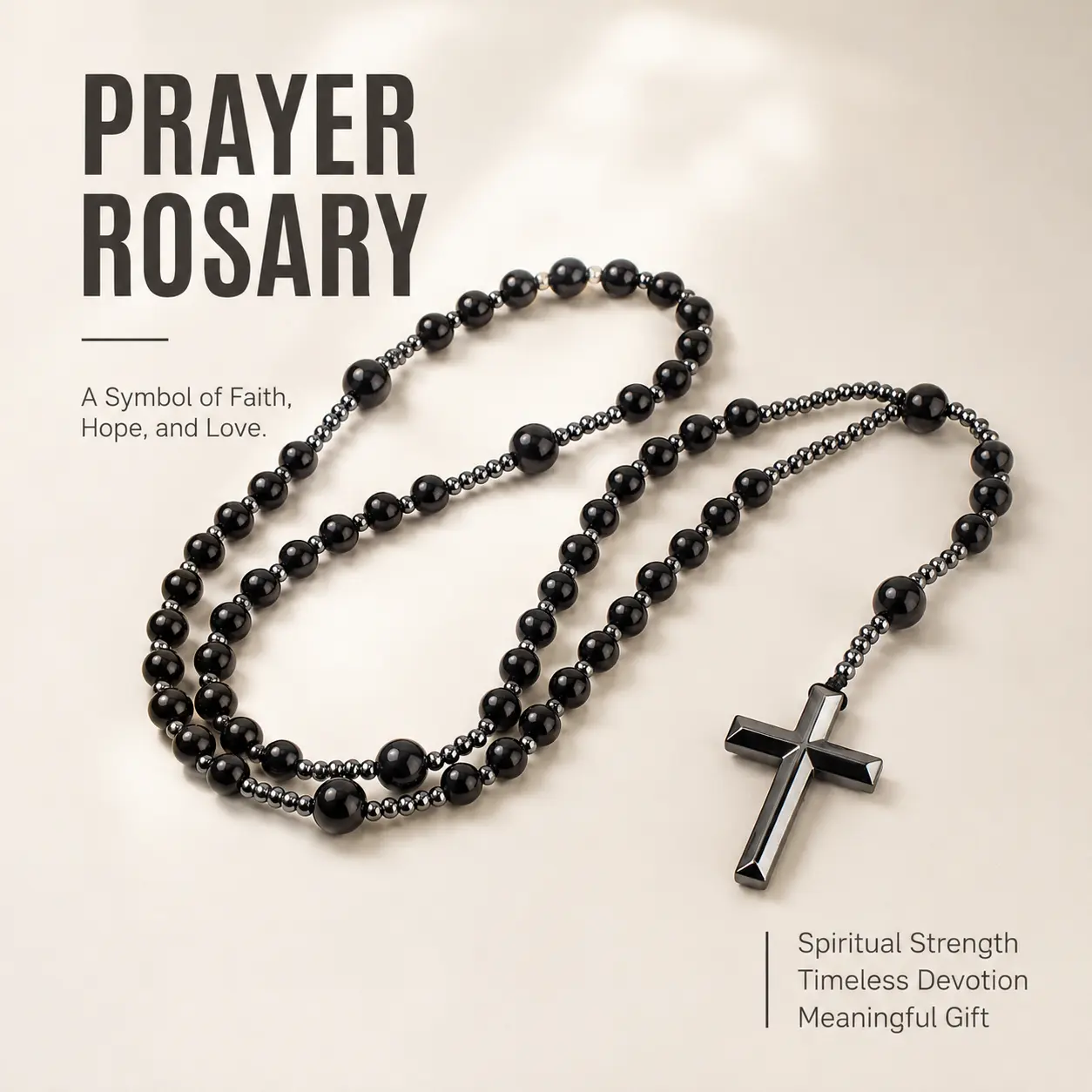 Natural Black Obsidian & UV Reactive Yooperlite Rosary Necklace, Hematite Cross Pendant, Spiritual Grounding Crystal Jewelry for Women and Men, Calming Energy Meditation Beads, Alternative Wedding Gift, Gothic Prayer Necklace