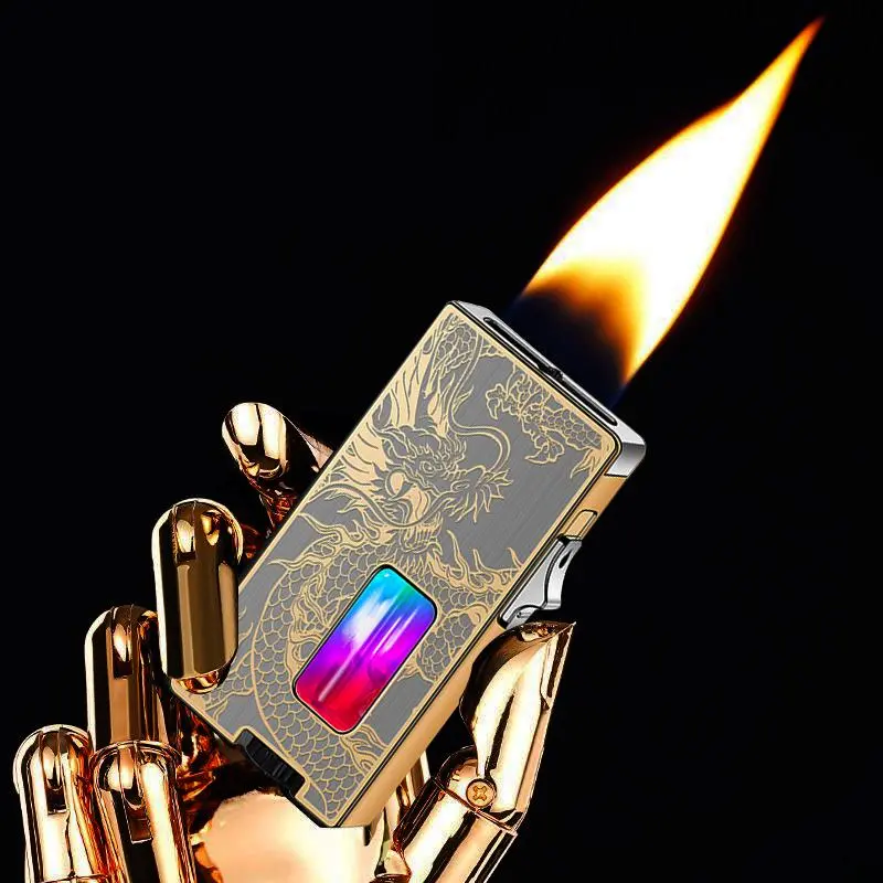 Gold Gravity-Ignition Lighter with Engraved Golden Dragon, Extra-Wide Flame, Observation Window, Refillable Adjustable Portable Design, Gift Box Set, Lighter Accessories 【Fuel Not Included】