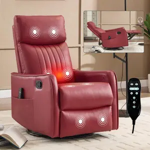 Faux Leather Recliner Chair with Heat and Massage, 360° Swivel Rocker Manual Recliner 155° Tilt, PU Leather, Easy No-Tool Assembly, Living Room Lounge Chair(Red)