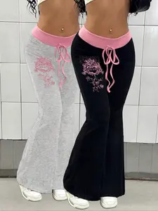 Women's Knitted Colorblock Print Flare Pants Set, Fashion Casual Punk Style Long Trousers, 2 Piece Knit Outfit Set for Spring & Fall