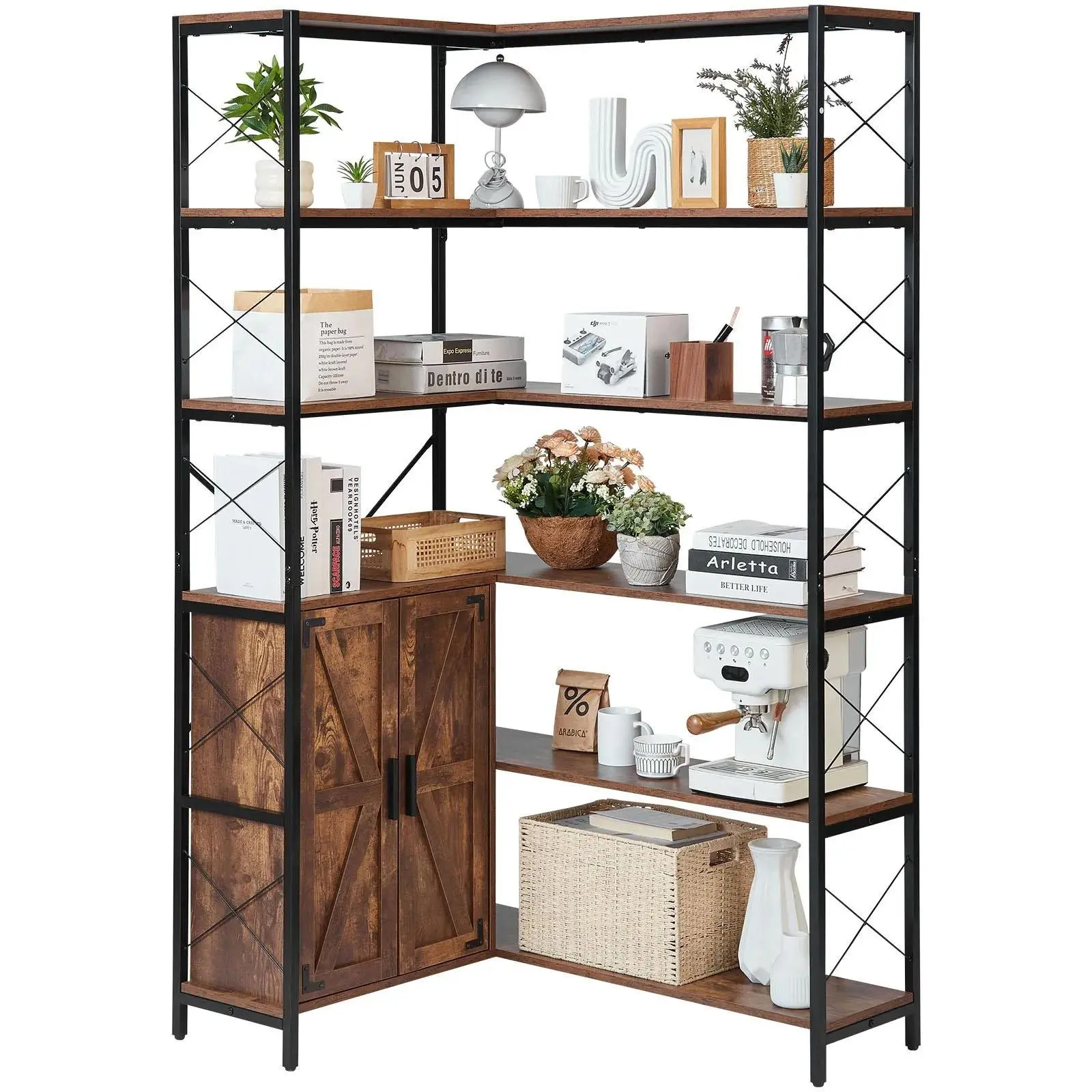 70” Tall 6-Tier L-Shaped Corner Bookshelf, Farmhouse Display Bookcase with 2 Barn Doors & 10 Storage Shelves, 200LBS Heavy-Duty 0.6” Thick MDF Board & 0.8” Reinforced Metal Frame, Dual Anti-Tip Devices Adjustable Shelf Cabinet for Living Room Bedroom