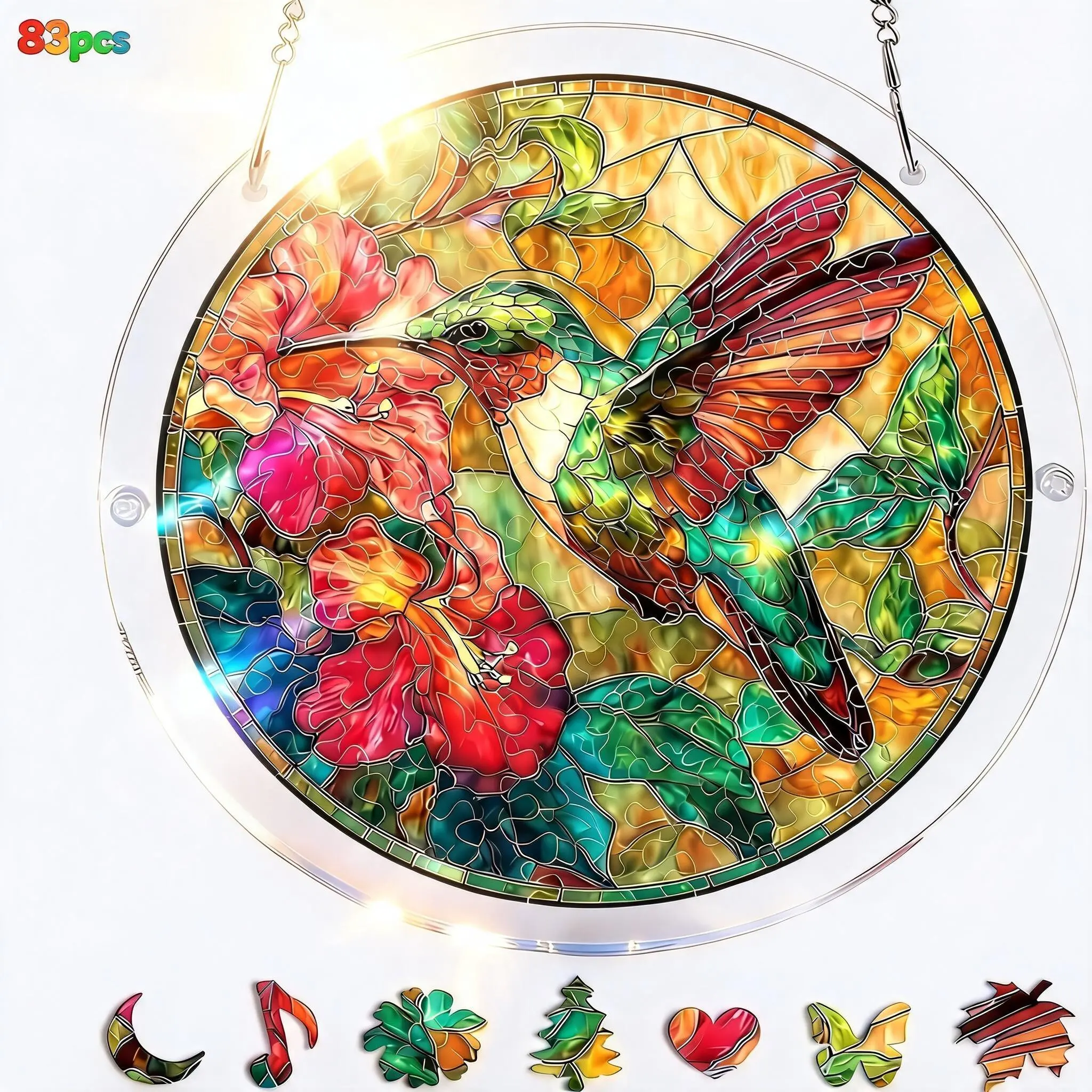 2-in-1 Acrylic Stained Glass Hummingbird Flowers Suncatcher Puzzle, Hangable Adult DIY Stress Relief Puzzle Pieces Hanging Decor, Festive Colorful Home Supplies for Birthday Window Decoration