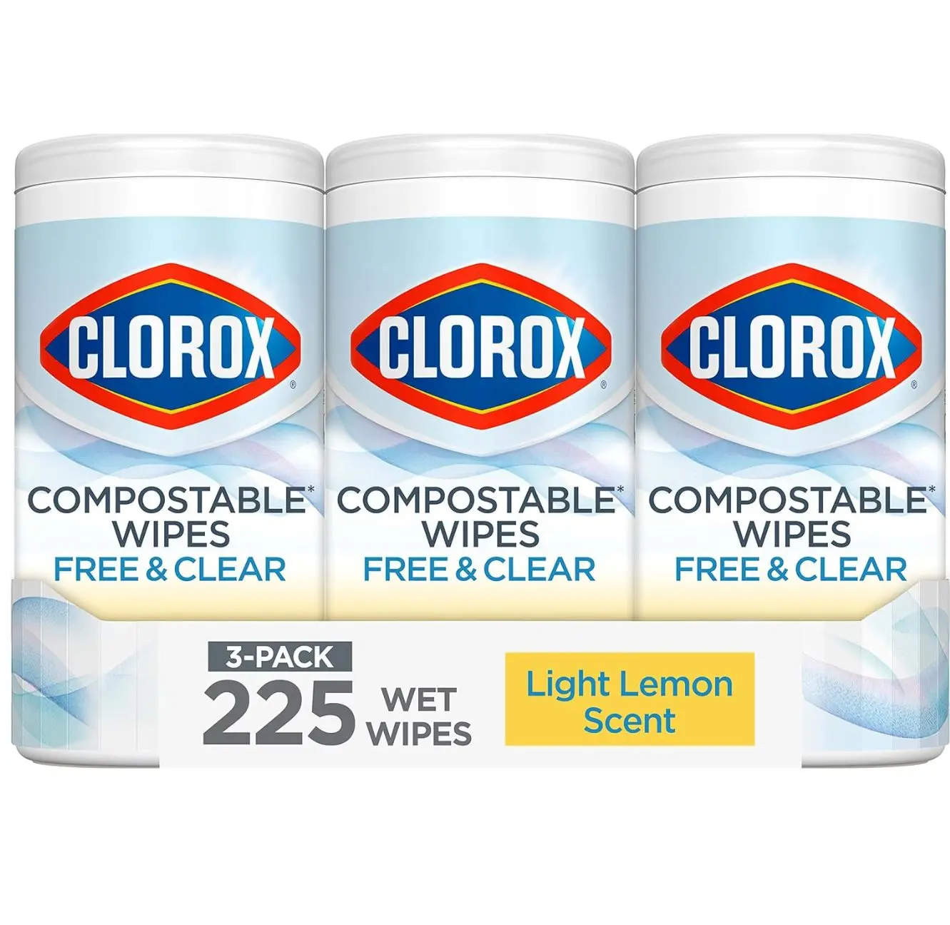 Pack of 3 Free & Clear Compostable Cleaning Wipes Light Lemon Scent 75 Count