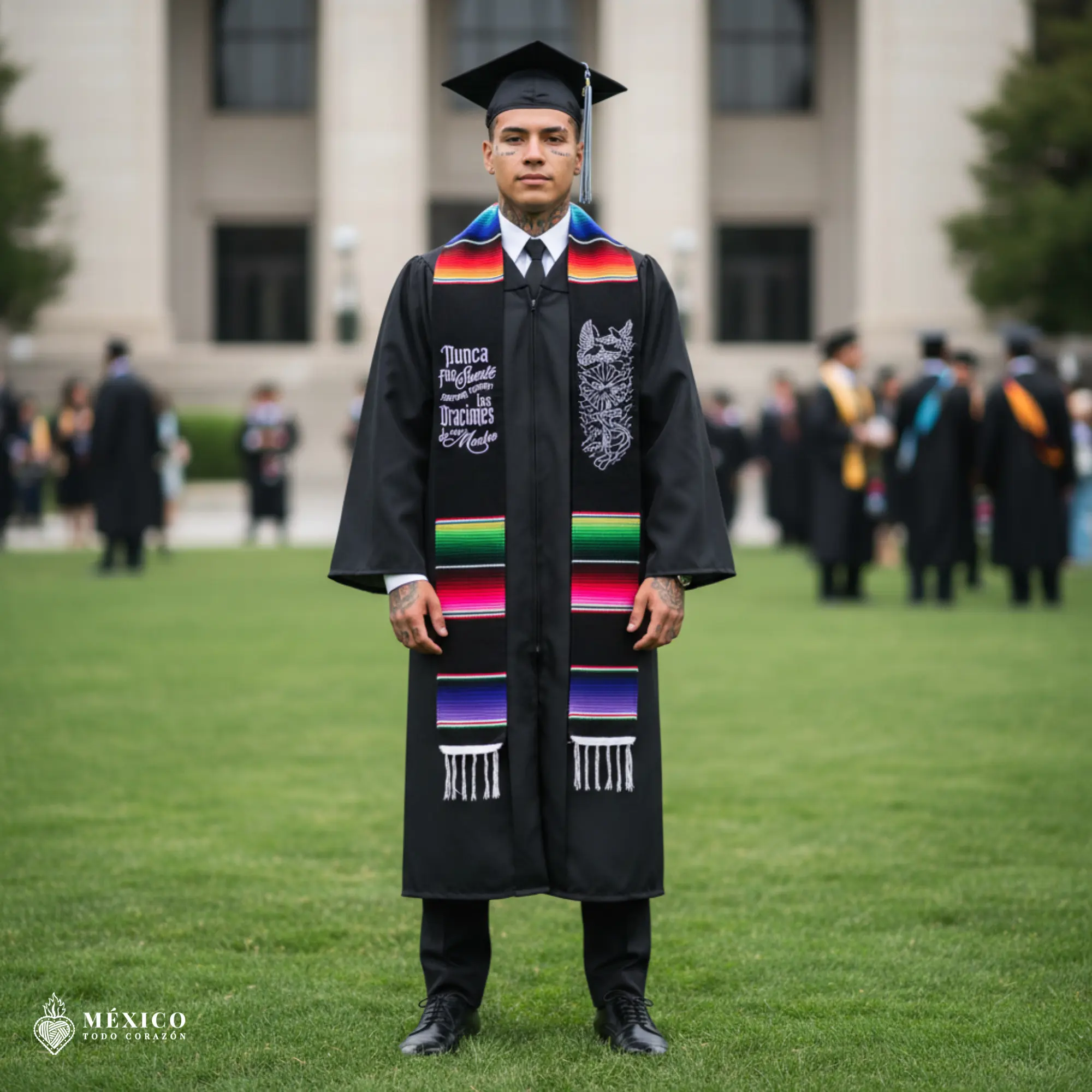 Mexican Heritage Graduation Stole - Mother Prayer Design - Black Sash