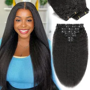 Clip in Hair Extensions Real Human Hair  Kinky Straight Clip Ins 8 Pcs Brazilian Remy Hair Extensions for Women Natural Black