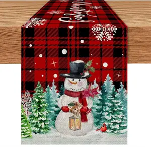 Christmas Table Runner, Christmas Runner for Table 72 Inches, Xmas Snowman Red Buffalo Plaid Runners for Home Dining Kitchen Decor