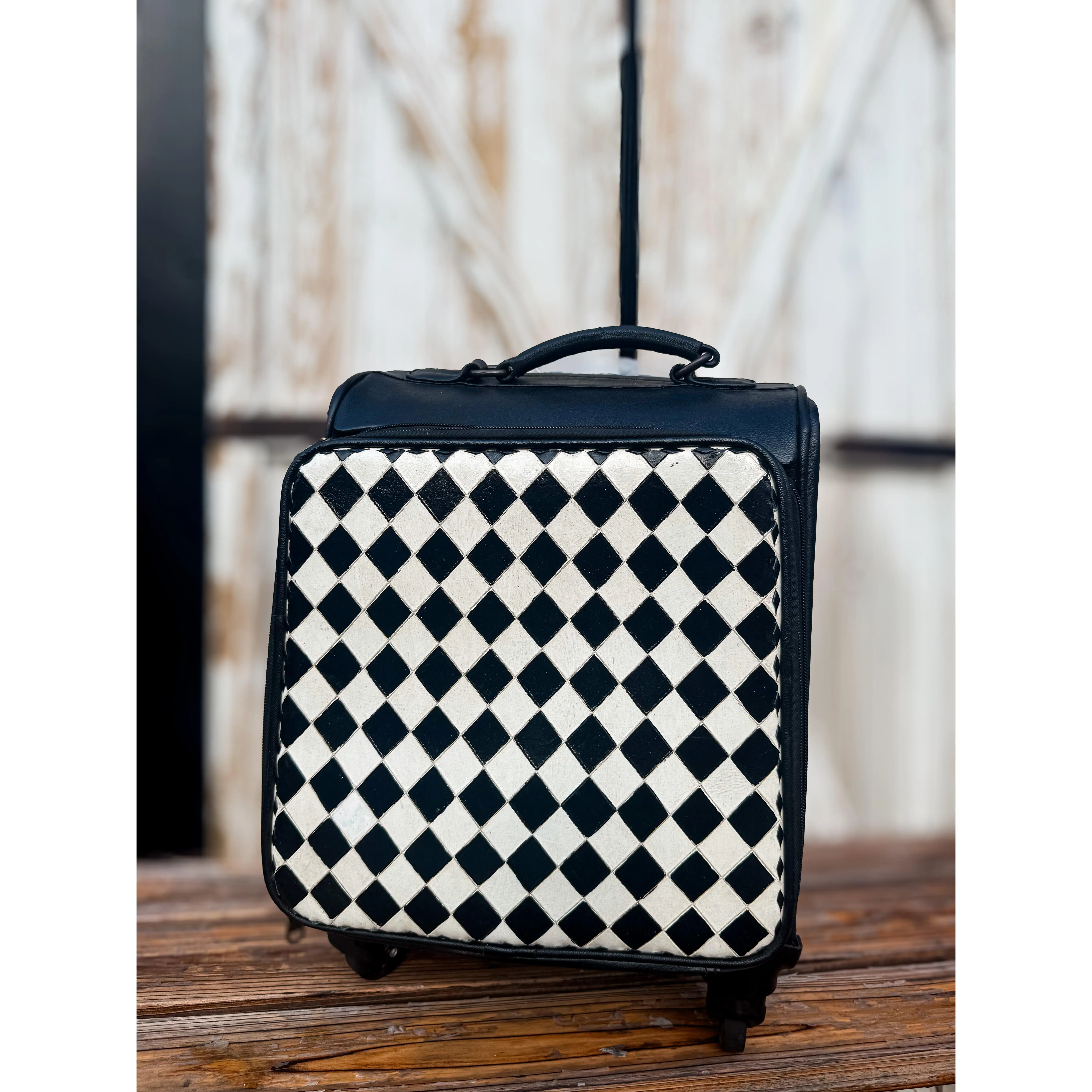 Black & White Diamond Check Leather Rolling Carry-On Suitcase | Small Travel Luggage